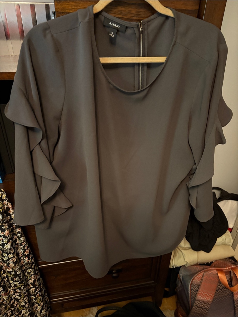 Alfani Gray Ruffle Sleeve Blouse
